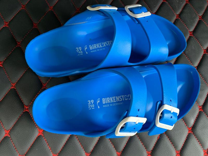 blue plastic birkenstocks