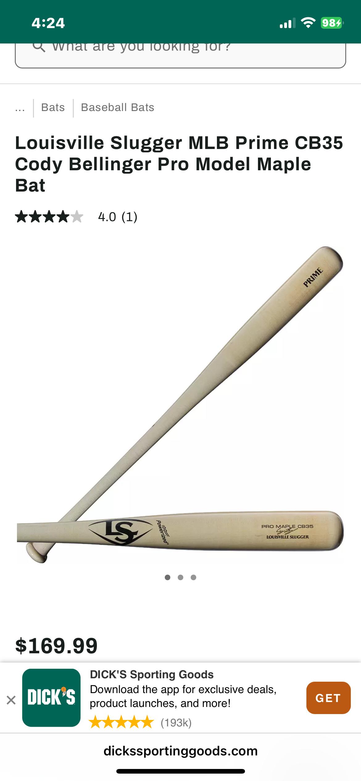 Louisville Slugger MLB Prime CB35 Cody Bellinger Pro Model Maple