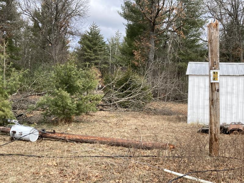 Power pole and transformer wiped out along with other power poles.
