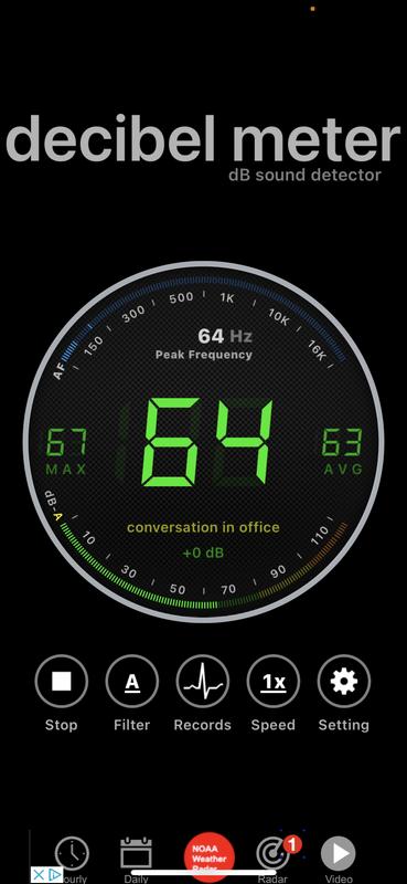 Ambient sound with the inverter off was 52-54. In the box running under a load was 64.