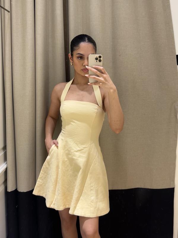 Flared Halter Linen Mini Dress Yellow | Dynamite