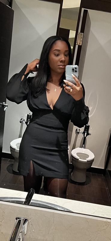 mame　IVolume Sleeves V-Neck Dress Long Sleeve Dress for Women Womens Solid Color Long Sleeve V