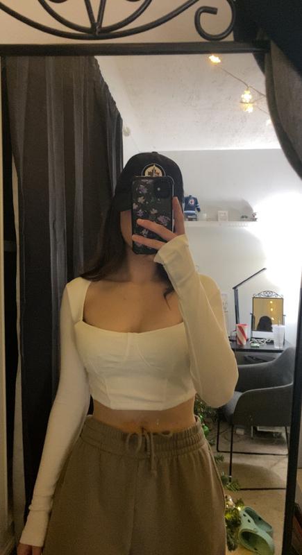 Long Sleeve Ribbed Corset Top White | Dynamite