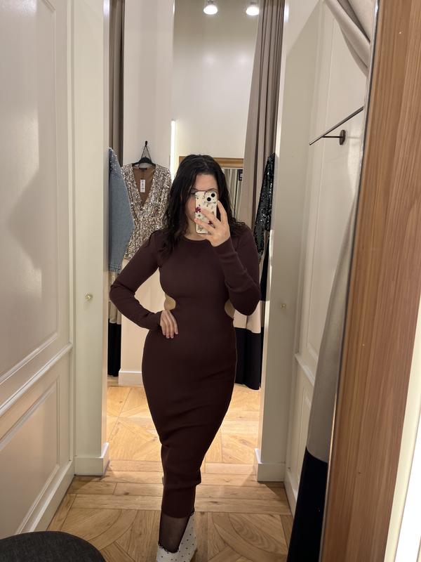 Long Sleeve Side Cutout Maxi Dress Brown | Dynamite