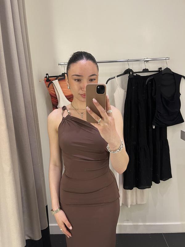 dynamite brown dress Lace Trim Satin Maxi Dress