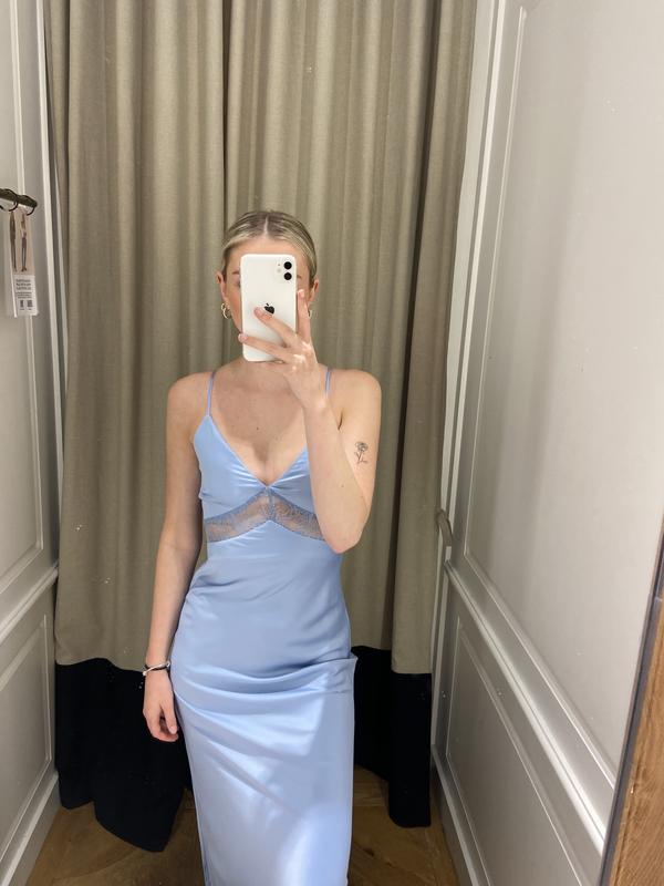 V-Neck Satin Slip Midi Dress Blue