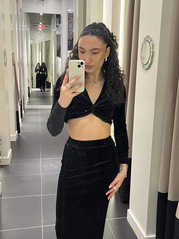 Velvet Deep V-Neck Crop Top Black