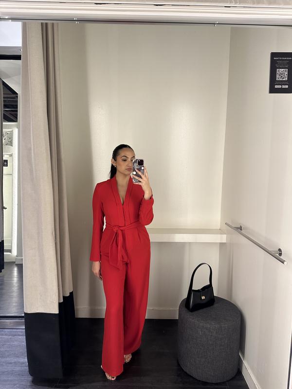 Trailblazer Berry Red Velvet Long-Sleeved Jumpsuit With Feather