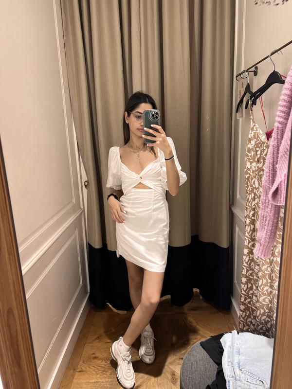 Paloma Puff Sleeve Twist Front Mini Dress White