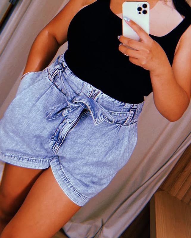 High Waisted Paper Bag Denim Shorts (Dark Denim)