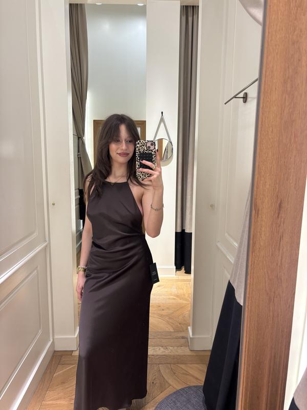 Open Back Satin Slip Dress Brown | Dynamite