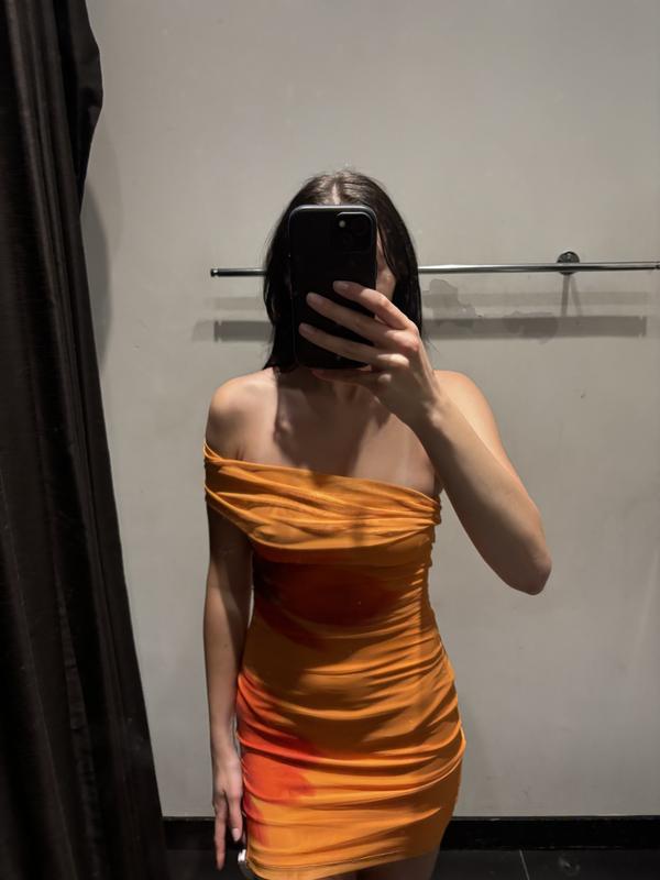 Off Shoulder Mesh Mini Dress Orange | Dynamite