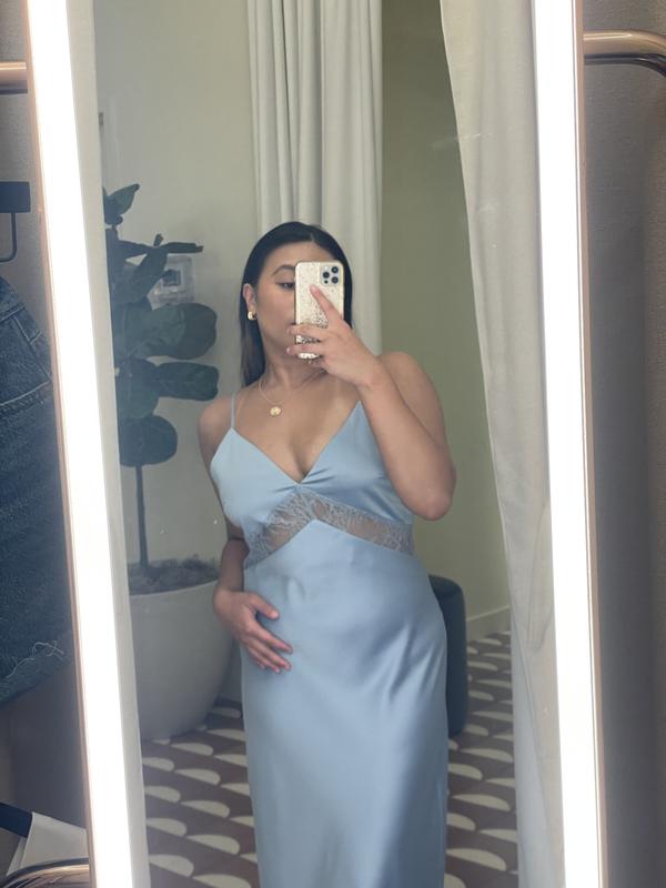 V-Neck Satin Slip Midi Dress Blue