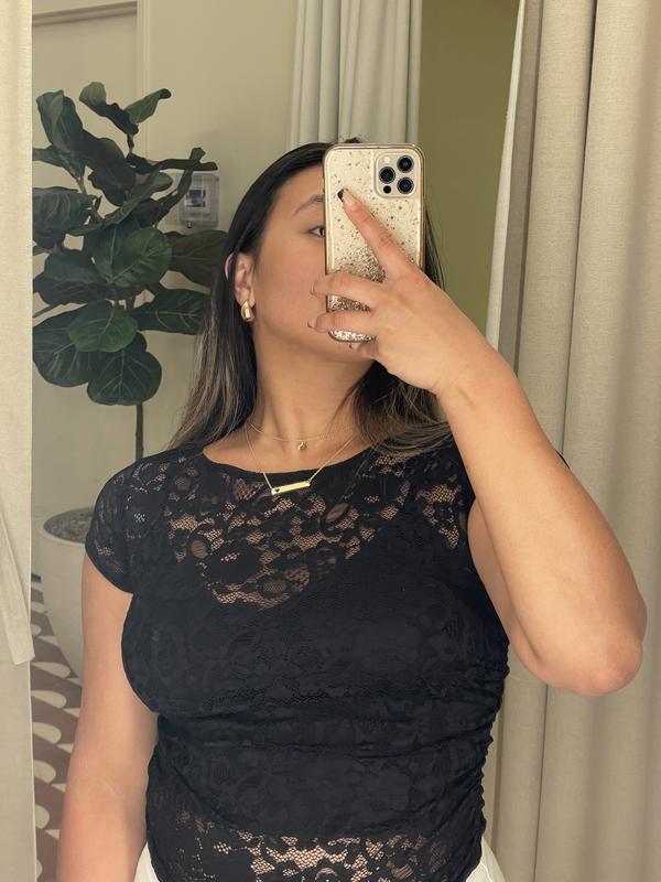Short Sleeve Ruched Lace Top Black