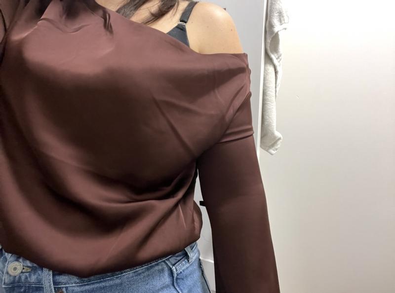 Off Shoulder Satin Blouse Beige | Dynamite