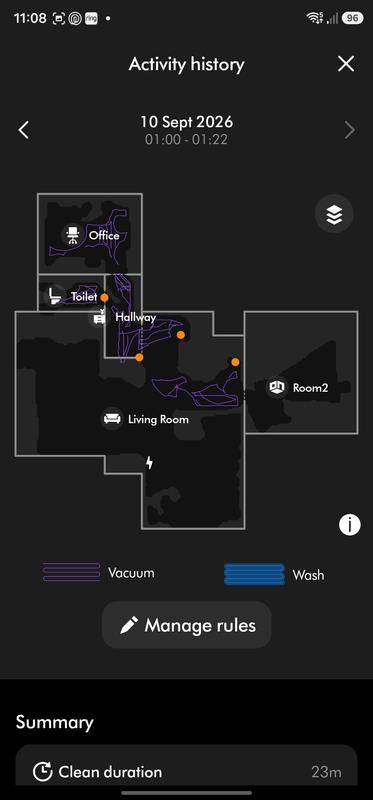 Screenshots from the Dyson app show how random the cleaning can be and not being able for the app to connect to the robot. The app also only keeps history for a week.
