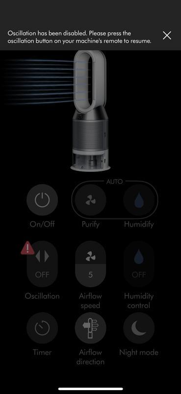 The app shows that "oscillation has been disabled" . The remote button does nothing.