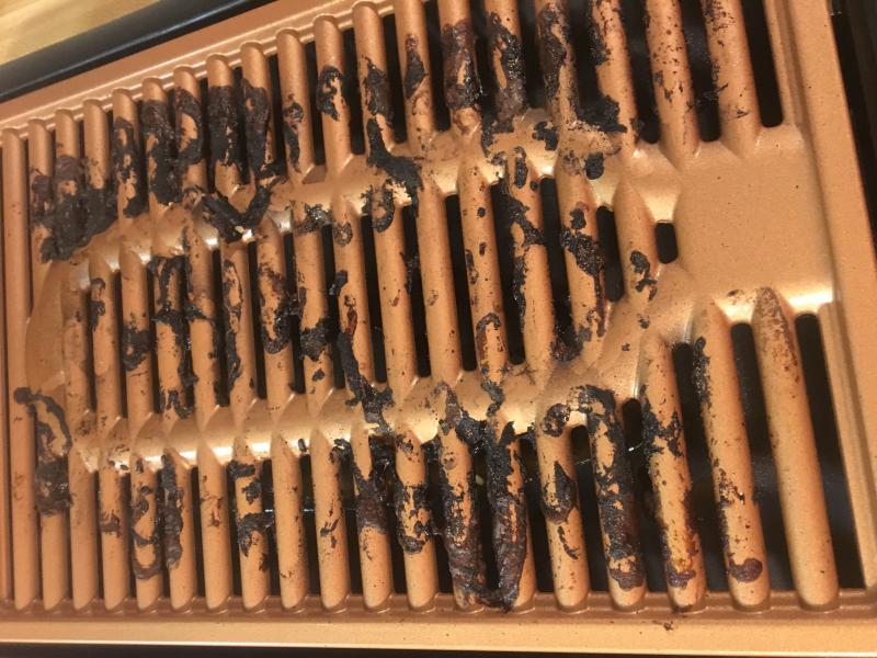 Food residue immediately after. It washed away easily with a sponge and hot water.