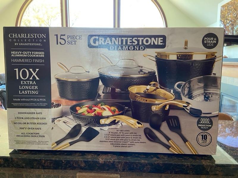 Granitestone Charleston Hammered 15 Piece Cookware Set, Black