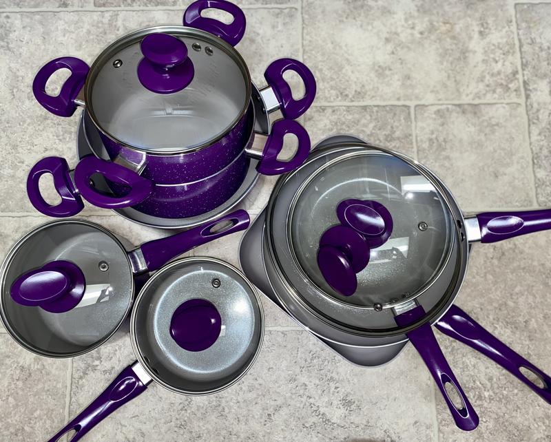 GRANITESTONE Farmhouse 13-Piece Aluminum Ultra-Durable Chalk Grey Diamond  Infused Nonstick Coating Cookware Set in Speckled Purple 8300 - The Home