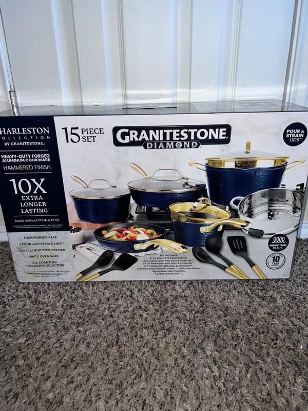 Granitestone Charleston Collection Hammered Navy 15 Piece Nonstick Cookware  Set with Utensils & Reviews