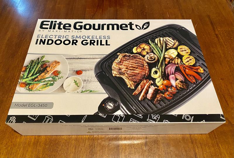 Elite Gourmet 14 inch Smokeless Indoor Electric BBQ Nonstick Grill with Glass Lid, Dishwasher Safe, Black Emg-980b