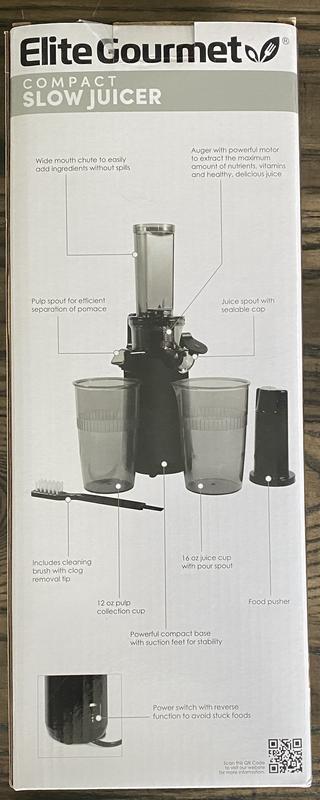 Elite Gourmet Compact Masticating Cold Press Slow Juicer - Black