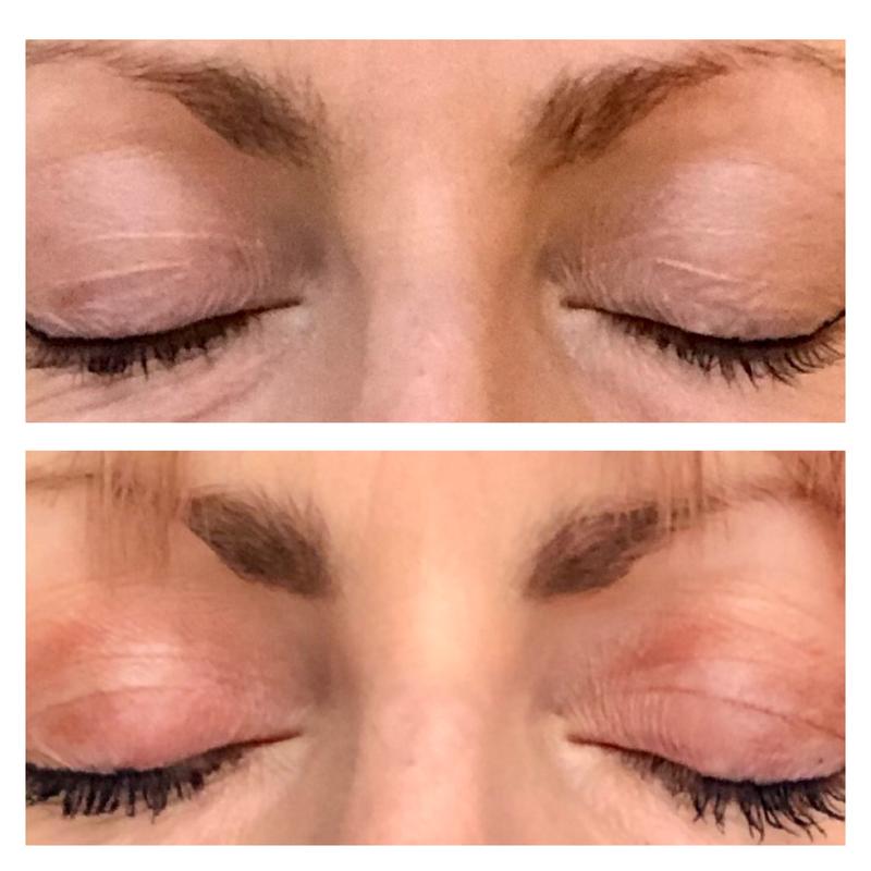Top photo before eye-shadow, bottom one hour after eye-shadow
