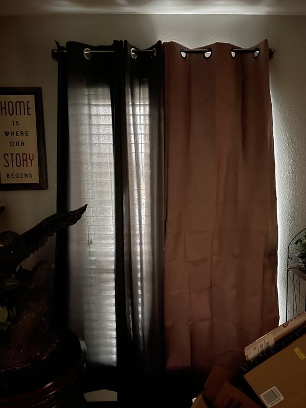 Eclipse blockout panel on the right in pink vs my grey curtain  panel on left