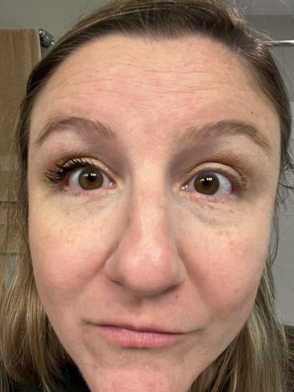 One eye bare, the other with two coats of Estée Lauder Turbo High Powered Mascara