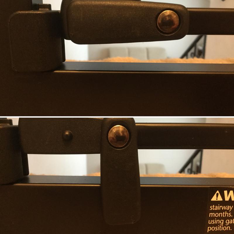 Flap swivels down to prevent gate from opening towards the stairs