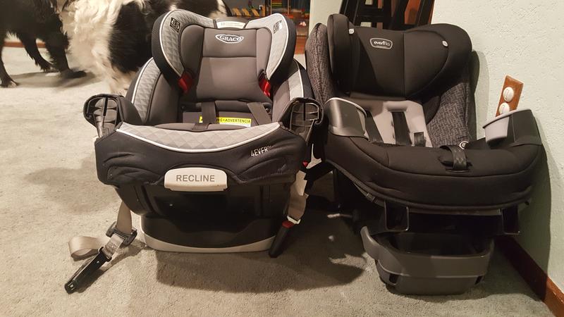 Both Carseats reclined. The Evenflo is slightly more upright