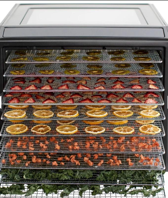 The Excalibur Model RES10 ten-tray Food Dehydrator, has a clear, double  door opening that lets you view progress without interrupting the drying  process. The ten trays provide a total of 9.3 sq