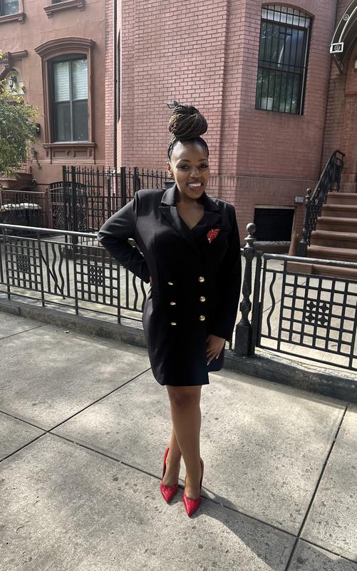 Double Breasted Padded Shoulder Gold Button Mini Blazer Dress