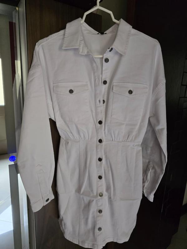 zara white denim shirt dress Fitted Mini Denim ruffle Women's Dresses For Any housewarming-gifts a contoured waist and Size:33W