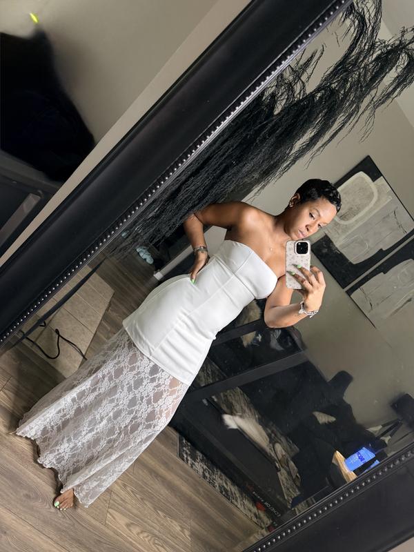 Strapless Mixed Media Sheer Lace Maxi Dress | Express