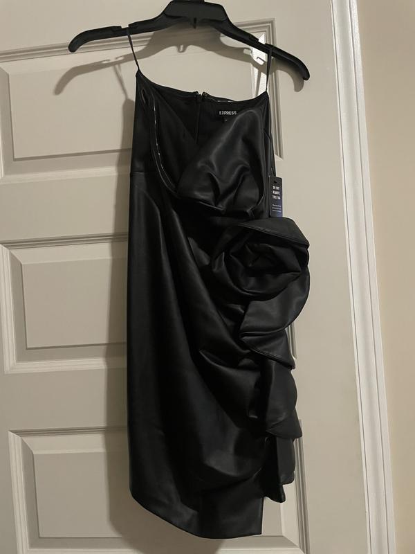 Faux Leather Strapless Rose Ruffle Mini Sheath Dress | Express