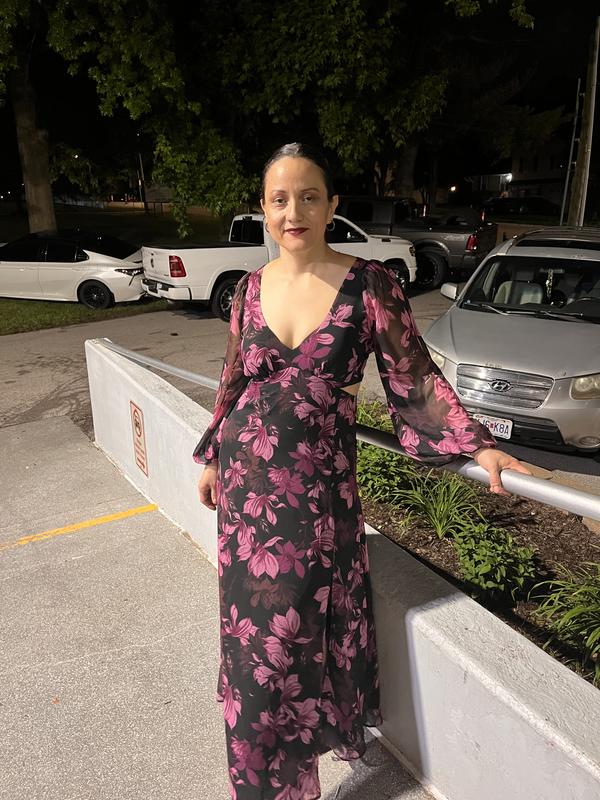 Floral Chiffon V-neck Long Sleeve Cutout Maxi Dress | Express