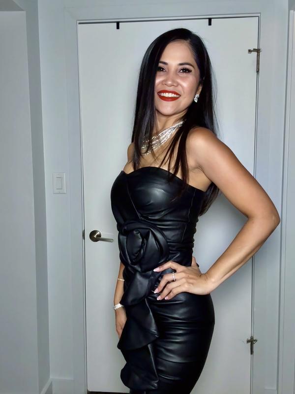Faux Leather Strapless Rose Ruffle Mini Sheath Dress | Express