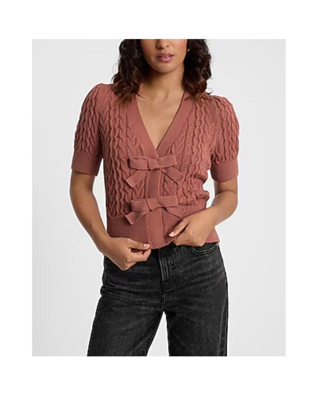 Cable Knit Double Bow Short Sleeve Cardigan | Express