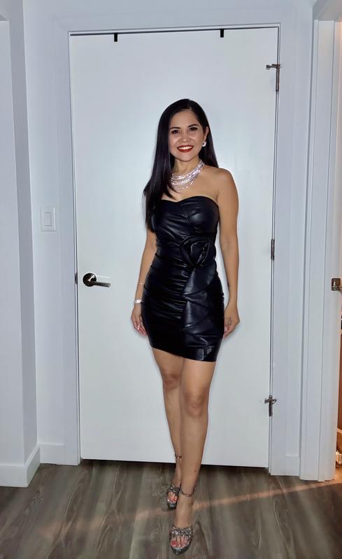 Faux Leather Strapless Rose Ruffle Mini Sheath Dress | Express