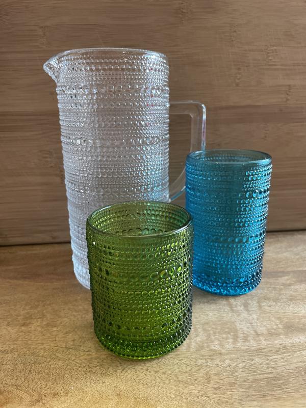 Double old fashioned (foreground), pitcher (left), and highball (right)
