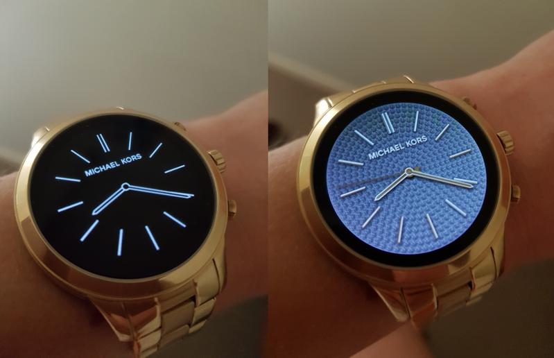 Always on mode to the left, lit up upon wrist movement on the right