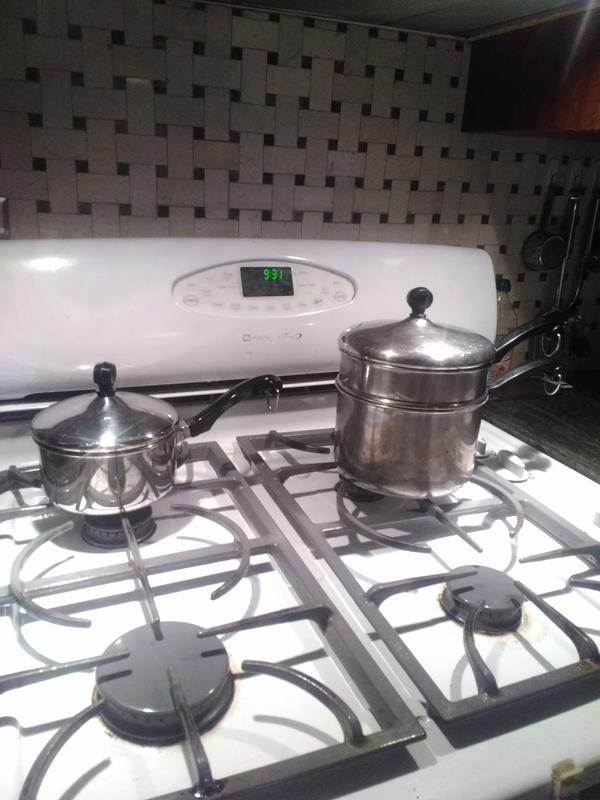 New saucepan with Mom's vintage double boiler