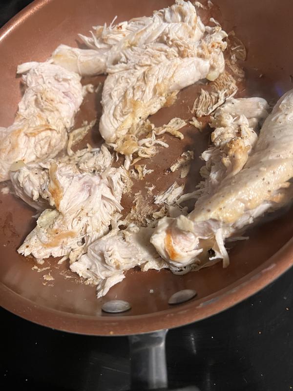 The chicken all pulled apart.