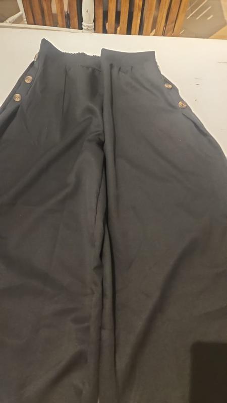 GENERICO Pantalones anchos de cintura alta elásticos con botones para mujer-negro.…