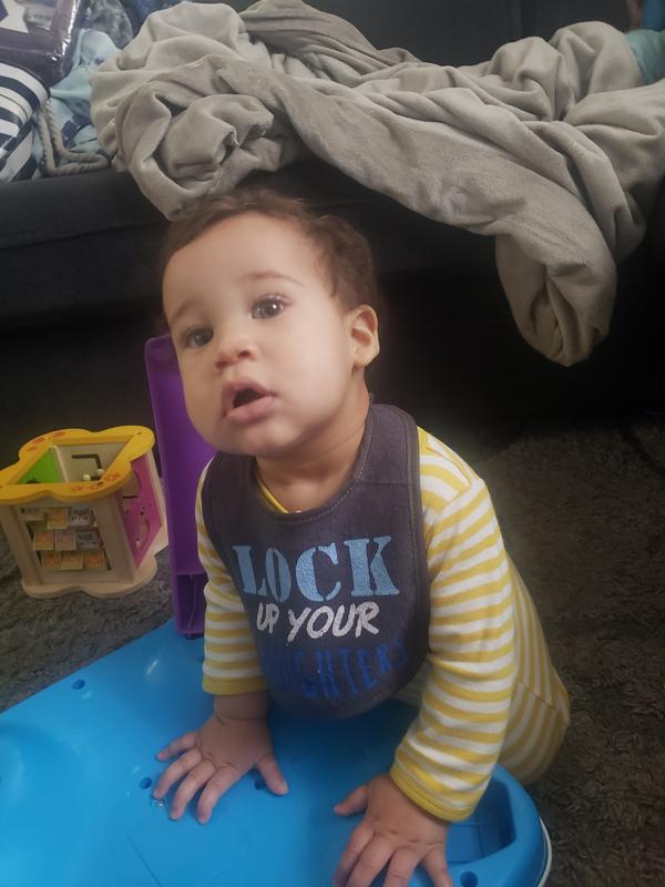 7 month old grandson wearing the bib