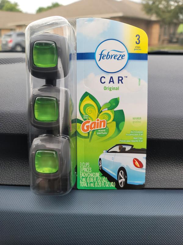 Febreze Car Odor-Fighting Car Freshener Vent Clip Gain Original Scent, .06  oz, Pack of 3
