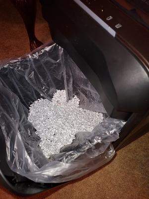 Shreds into confetti.