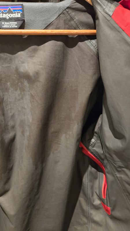 You can clearly see the wetted out sections. Highly likely from abrasion from wearing my back pack with chest and waist straps.